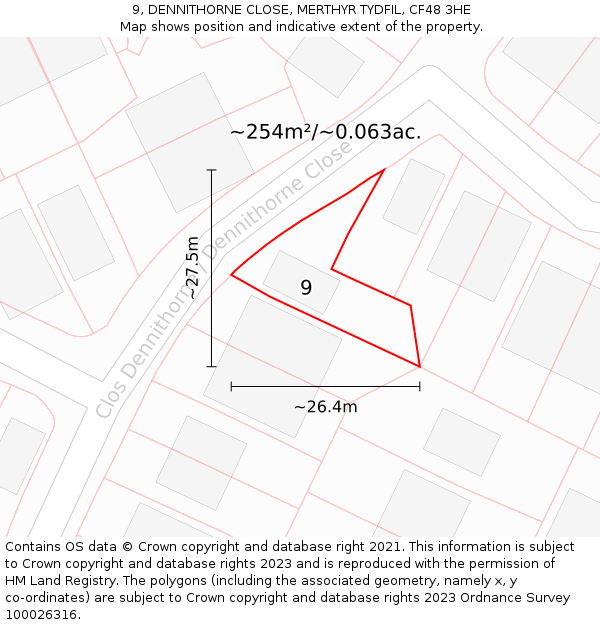 9, DENNITHORNE CLOSE, MERTHYR TYDFIL, CF48 3HE: Plot and title map