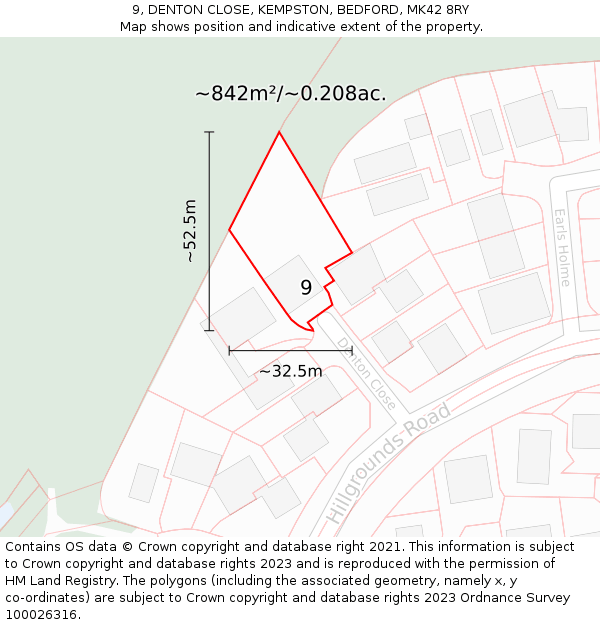 9, DENTON CLOSE, KEMPSTON, BEDFORD, MK42 8RY: Plot and title map