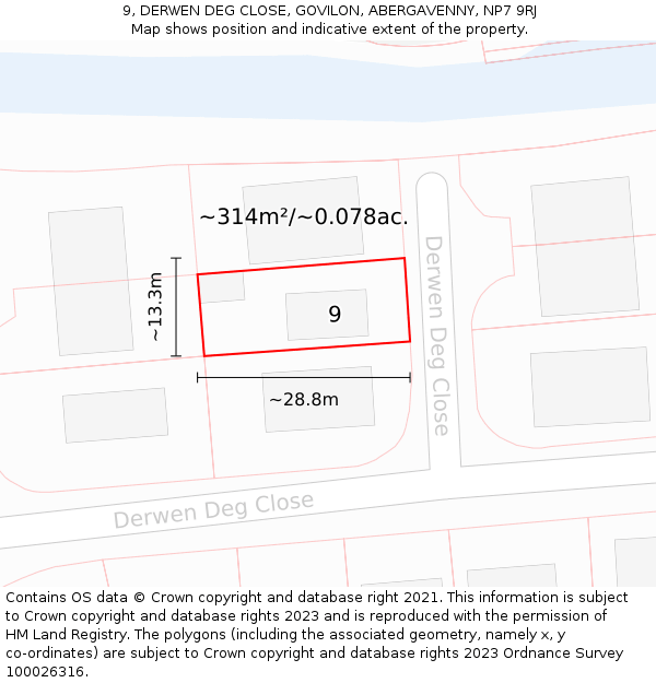 9, DERWEN DEG CLOSE, GOVILON, ABERGAVENNY, NP7 9RJ: Plot and title map
