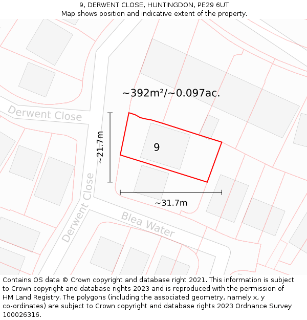 9, DERWENT CLOSE, HUNTINGDON, PE29 6UT: Plot and title map