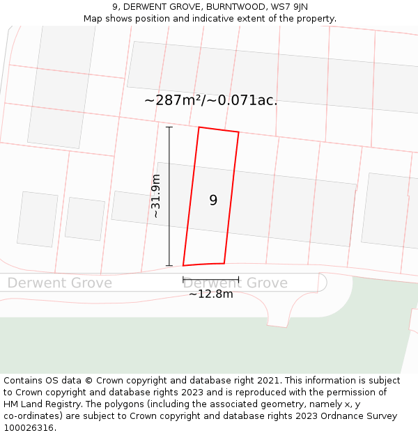 9, DERWENT GROVE, BURNTWOOD, WS7 9JN: Plot and title map
