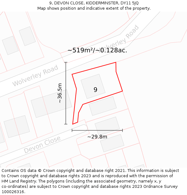 9, DEVON CLOSE, KIDDERMINSTER, DY11 5JQ: Plot and title map