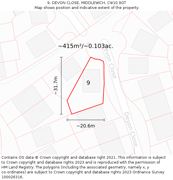 9, DEVON CLOSE, MIDDLEWICH, CW10 9GT: Plot and title map