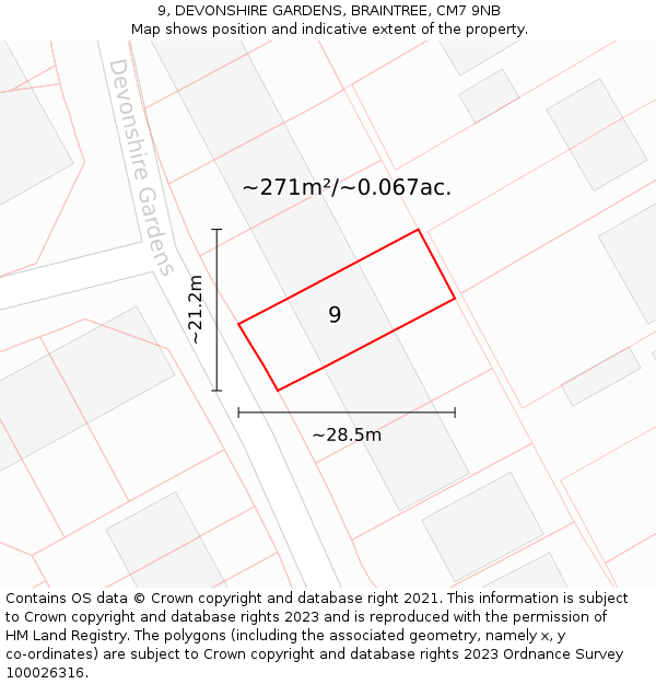 9, DEVONSHIRE GARDENS, BRAINTREE, CM7 9NB: Plot and title map