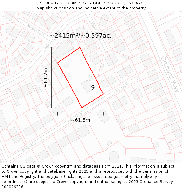 9, DEW LANE, ORMESBY, MIDDLESBROUGH, TS7 9AR: Plot and title map