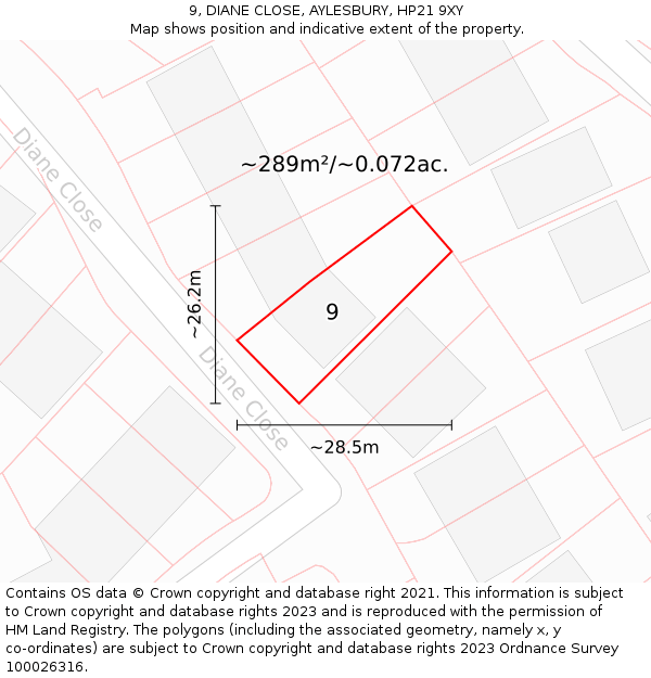 9, DIANE CLOSE, AYLESBURY, HP21 9XY: Plot and title map