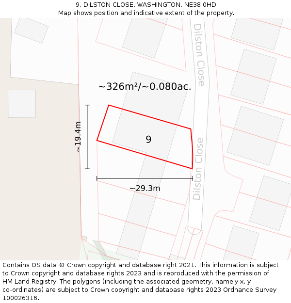 9, DILSTON CLOSE, WASHINGTON, NE38 0HD: Plot and title map