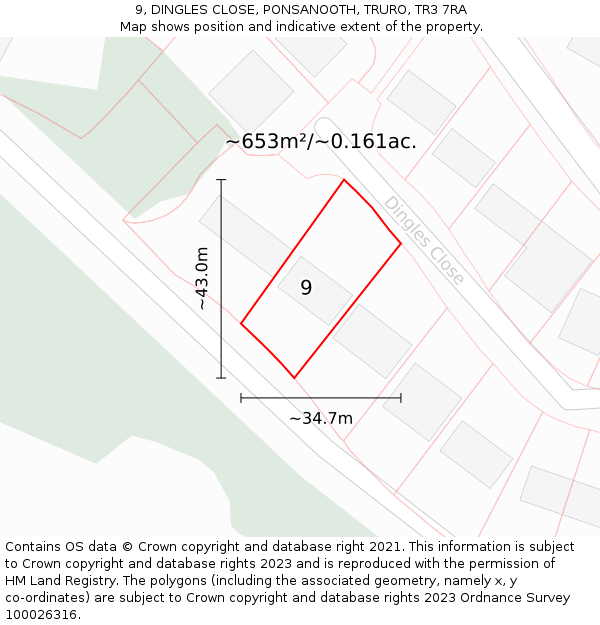 9, DINGLES CLOSE, PONSANOOTH, TRURO, TR3 7RA: Plot and title map