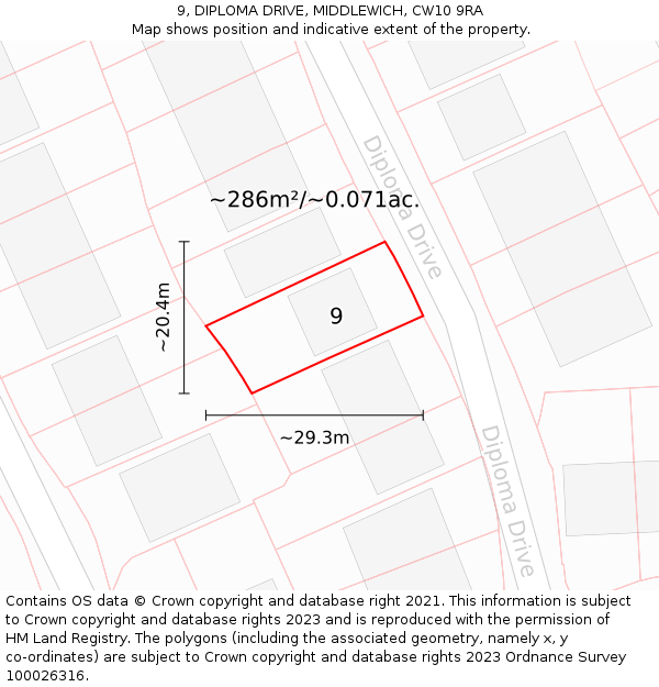 9, DIPLOMA DRIVE, MIDDLEWICH, CW10 9RA: Plot and title map