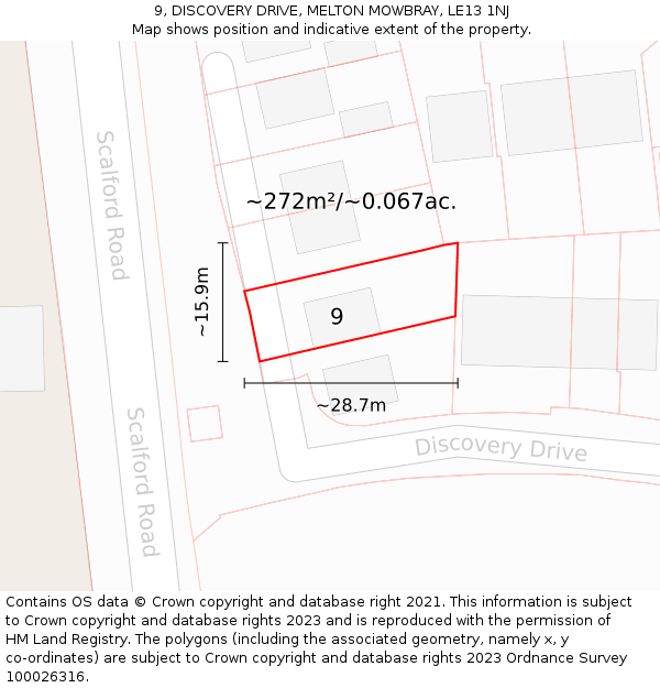 9, DISCOVERY DRIVE, MELTON MOWBRAY, LE13 1NJ: Plot and title map