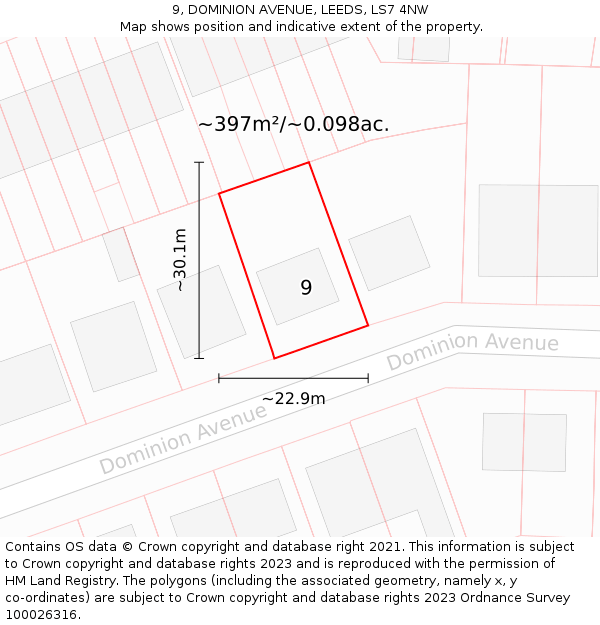 9, DOMINION AVENUE, LEEDS, LS7 4NW: Plot and title map