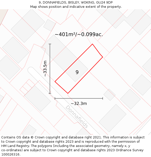 9, DONNAFIELDS, BISLEY, WOKING, GU24 9DP: Plot and title map