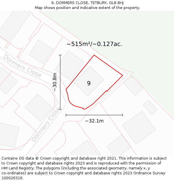 9, DORMERS CLOSE, TETBURY, GL8 8HJ: Plot and title map