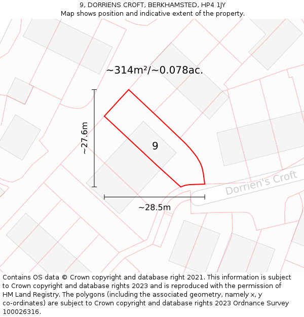 9, DORRIENS CROFT, BERKHAMSTED, HP4 1JY: Plot and title map