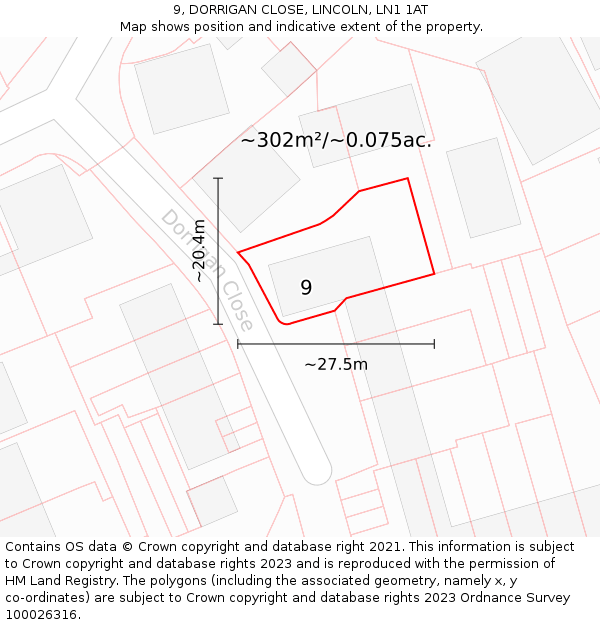 9, DORRIGAN CLOSE, LINCOLN, LN1 1AT: Plot and title map