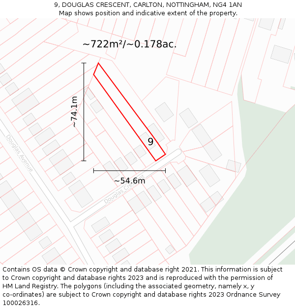 9, DOUGLAS CRESCENT, CARLTON, NOTTINGHAM, NG4 1AN: Plot and title map