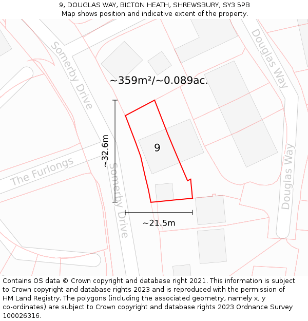 9, DOUGLAS WAY, BICTON HEATH, SHREWSBURY, SY3 5PB: Plot and title map