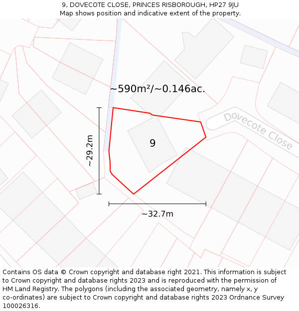 9, DOVECOTE CLOSE, PRINCES RISBOROUGH, HP27 9JU: Plot and title map