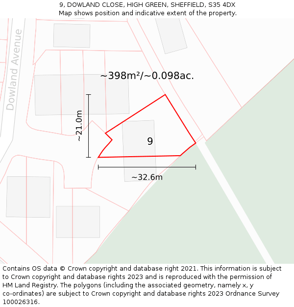 9, DOWLAND CLOSE, HIGH GREEN, SHEFFIELD, S35 4DX: Plot and title map