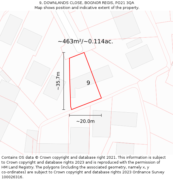 9, DOWNLANDS CLOSE, BOGNOR REGIS, PO21 3QA: Plot and title map