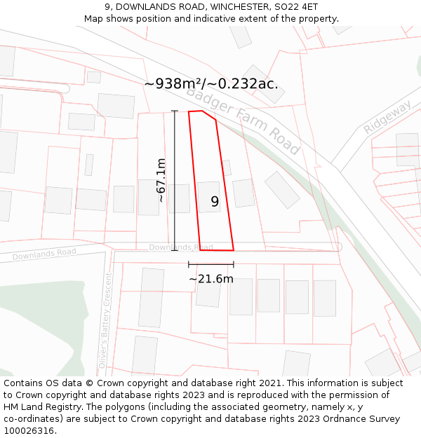 9, DOWNLANDS ROAD, WINCHESTER, SO22 4ET: Plot and title map