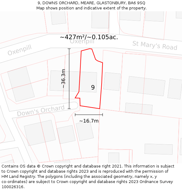 9, DOWNS ORCHARD, MEARE, GLASTONBURY, BA6 9SQ: Plot and title map