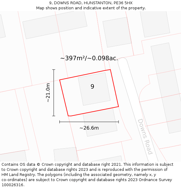 9, DOWNS ROAD, HUNSTANTON, PE36 5HX: Plot and title map