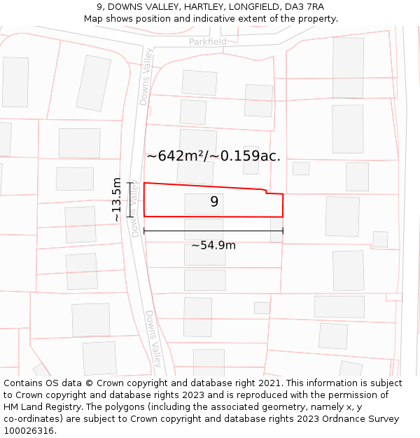 9, DOWNS VALLEY, HARTLEY, LONGFIELD, DA3 7RA: Plot and title map
