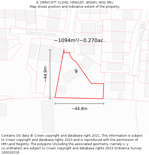 9, DRAYCOTT CLOSE, HINDLEY, WIGAN, WN2 4RU: Plot and title map