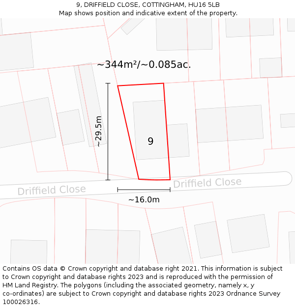 9, DRIFFIELD CLOSE, COTTINGHAM, HU16 5LB: Plot and title map