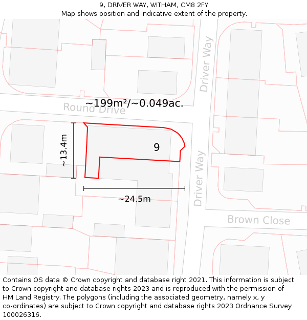 9, DRIVER WAY, WITHAM, CM8 2FY: Plot and title map