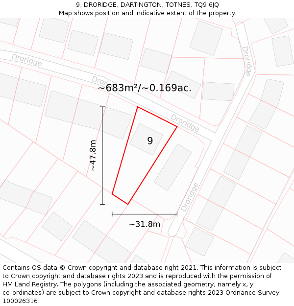 9, DRORIDGE, DARTINGTON, TOTNES, TQ9 6JQ: Plot and title map