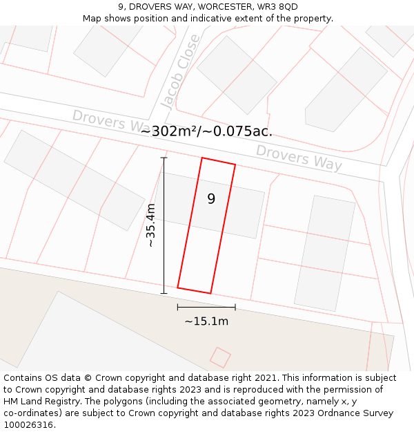 9, DROVERS WAY, WORCESTER, WR3 8QD: Plot and title map