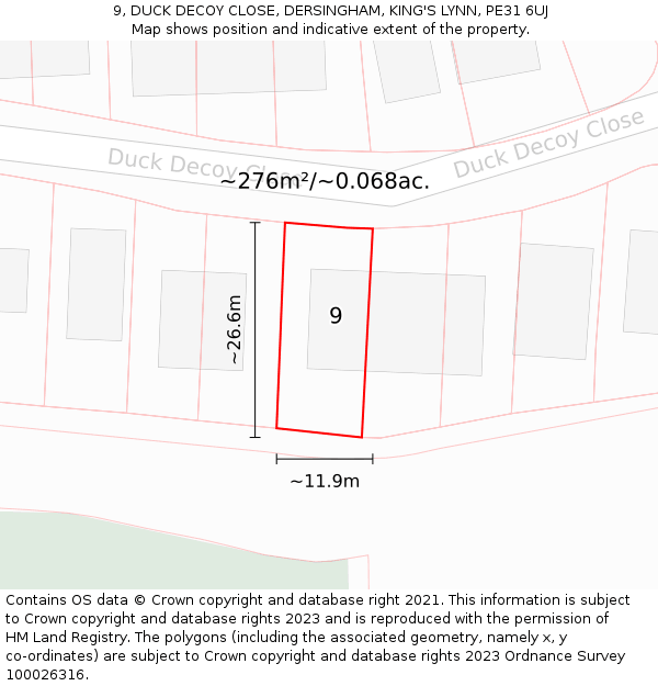9, DUCK DECOY CLOSE, DERSINGHAM, KING'S LYNN, PE31 6UJ: Plot and title map