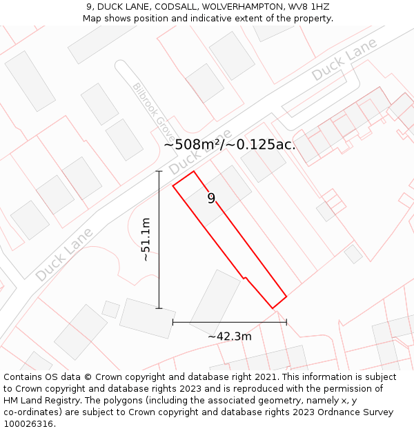 9, DUCK LANE, CODSALL, WOLVERHAMPTON, WV8 1HZ: Plot and title map