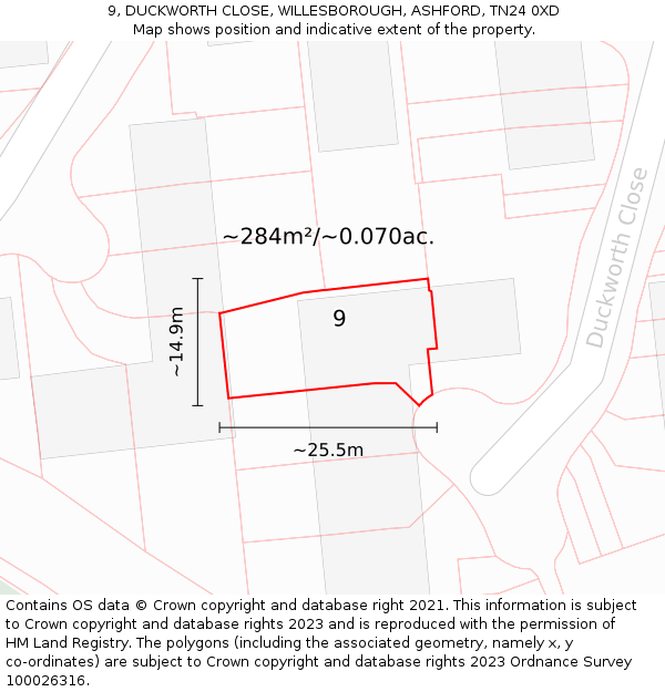 9, DUCKWORTH CLOSE, WILLESBOROUGH, ASHFORD, TN24 0XD: Plot and title map