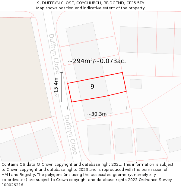 9, DUFFRYN CLOSE, COYCHURCH, BRIDGEND, CF35 5TA: Plot and title map