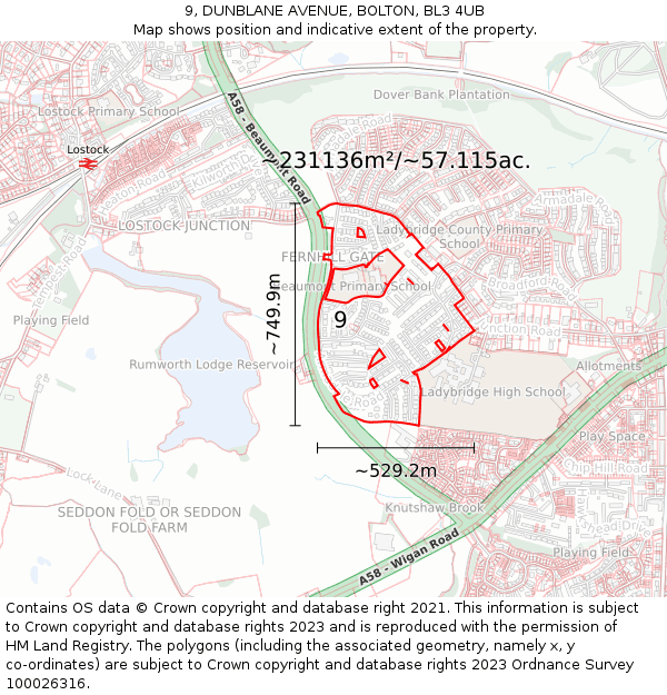 9, DUNBLANE AVENUE, BOLTON, BL3 4UB: Plot and title map