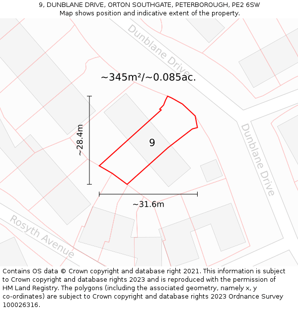 9, DUNBLANE DRIVE, ORTON SOUTHGATE, PETERBOROUGH, PE2 6SW: Plot and title map