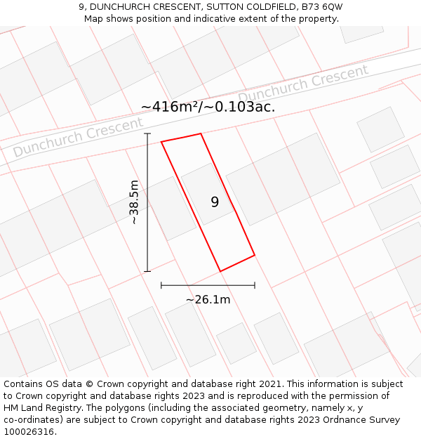 9, DUNCHURCH CRESCENT, SUTTON COLDFIELD, B73 6QW: Plot and title map