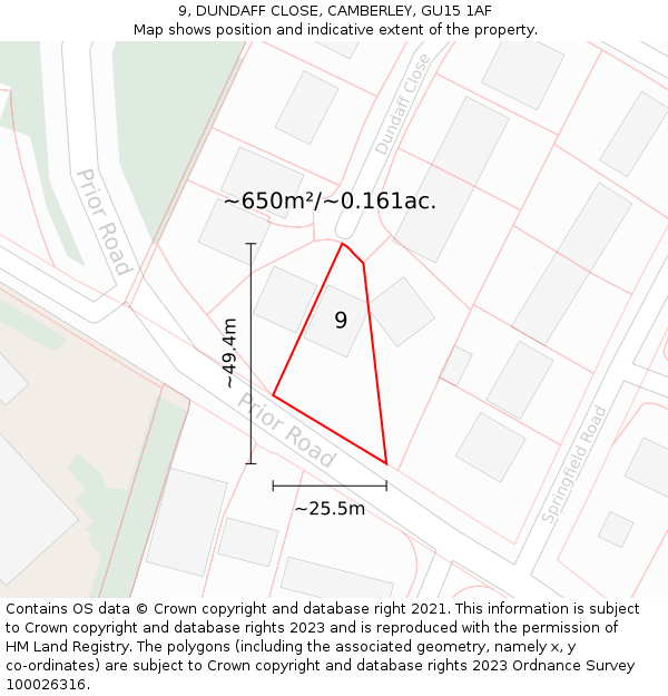 9, DUNDAFF CLOSE, CAMBERLEY, GU15 1AF: Plot and title map