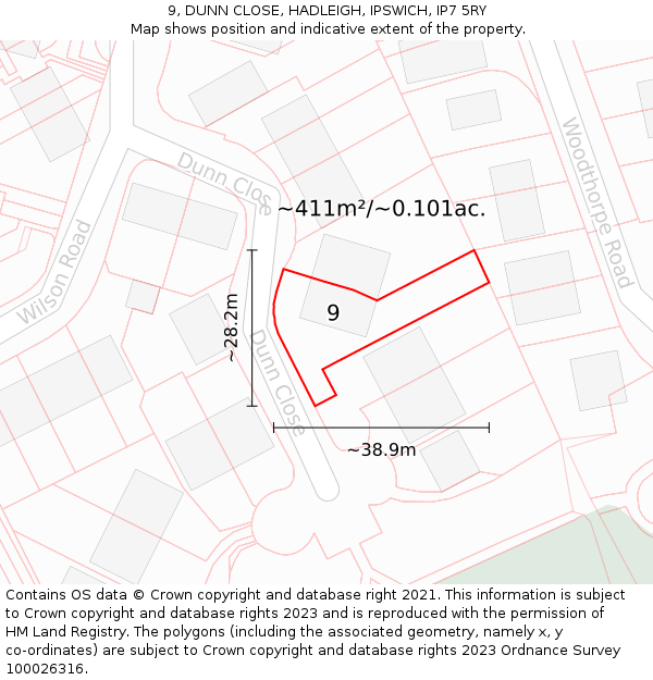 9, DUNN CLOSE, HADLEIGH, IPSWICH, IP7 5RY: Plot and title map