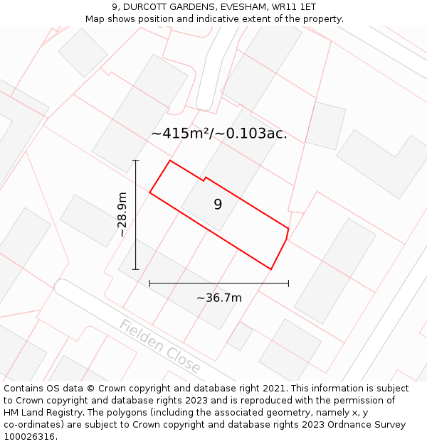 9, DURCOTT GARDENS, EVESHAM, WR11 1ET: Plot and title map
