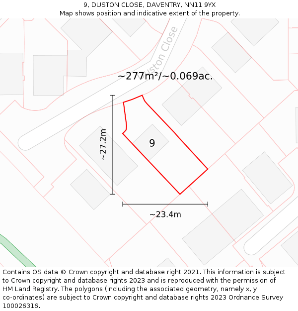 9, DUSTON CLOSE, DAVENTRY, NN11 9YX: Plot and title map