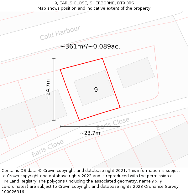 9, EARLS CLOSE, SHERBORNE, DT9 3RS: Plot and title map