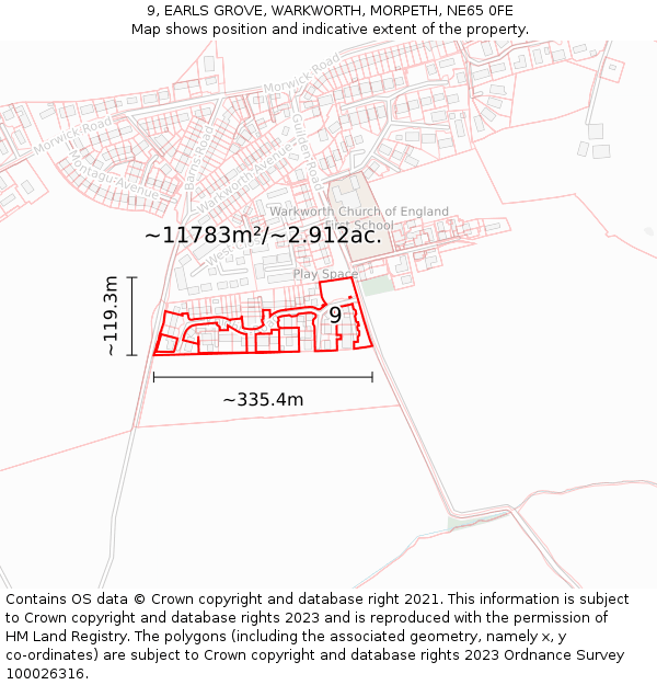 9, EARLS GROVE, WARKWORTH, MORPETH, NE65 0FE: Plot and title map