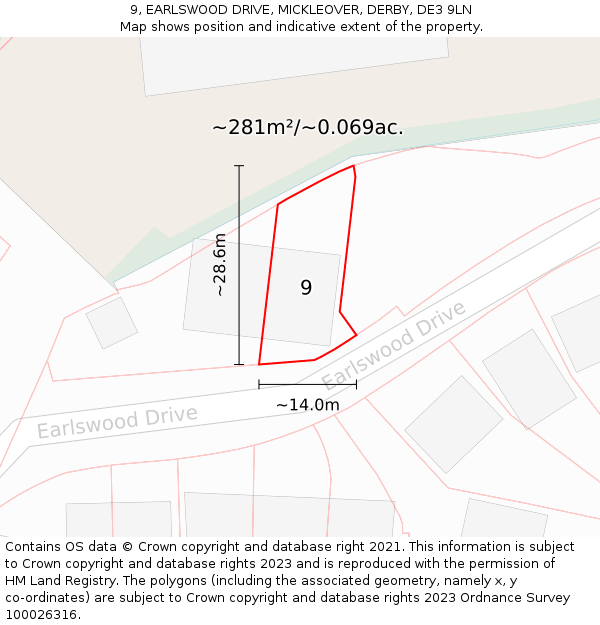 9, EARLSWOOD DRIVE, MICKLEOVER, DERBY, DE3 9LN: Plot and title map