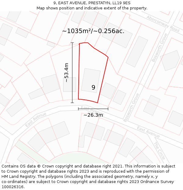 9, EAST AVENUE, PRESTATYN, LL19 9ES: Plot and title map