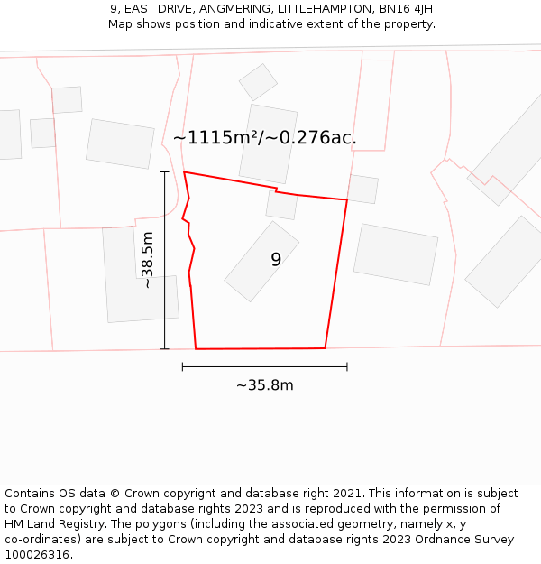 9, EAST DRIVE, ANGMERING, LITTLEHAMPTON, BN16 4JH: Plot and title map