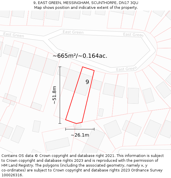 9, EAST GREEN, MESSINGHAM, SCUNTHORPE, DN17 3QU: Plot and title map